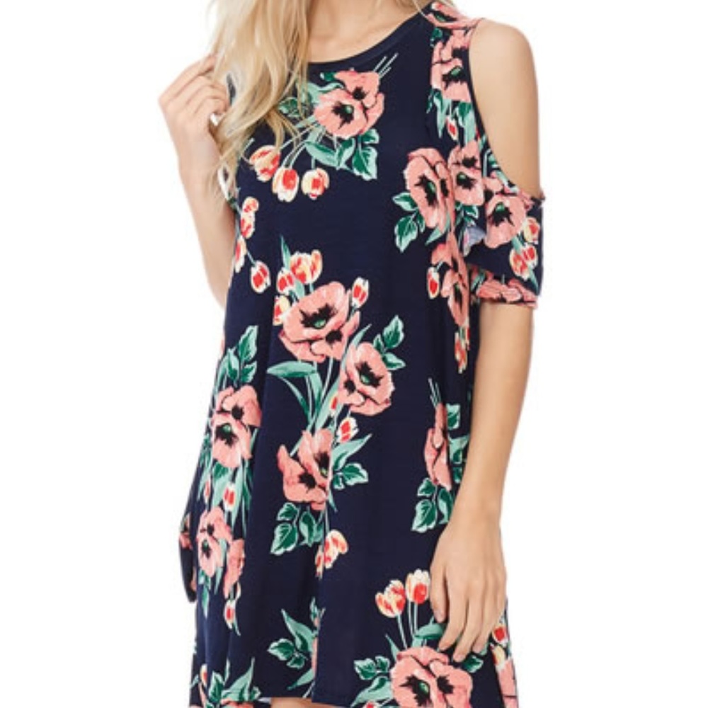 Navy Floral Open Shoulder Midi Dress with Pockets